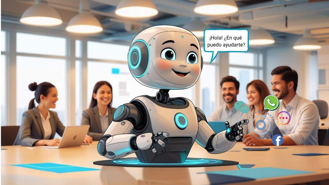 Robot trabajando mientras equipo de trabajo hace reunión Robot trabajando en multitareas con gente detrás en una reunión