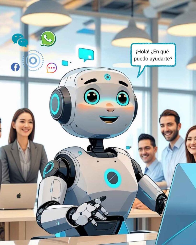 Robot trabajando mientras equipo de trabajo se reune